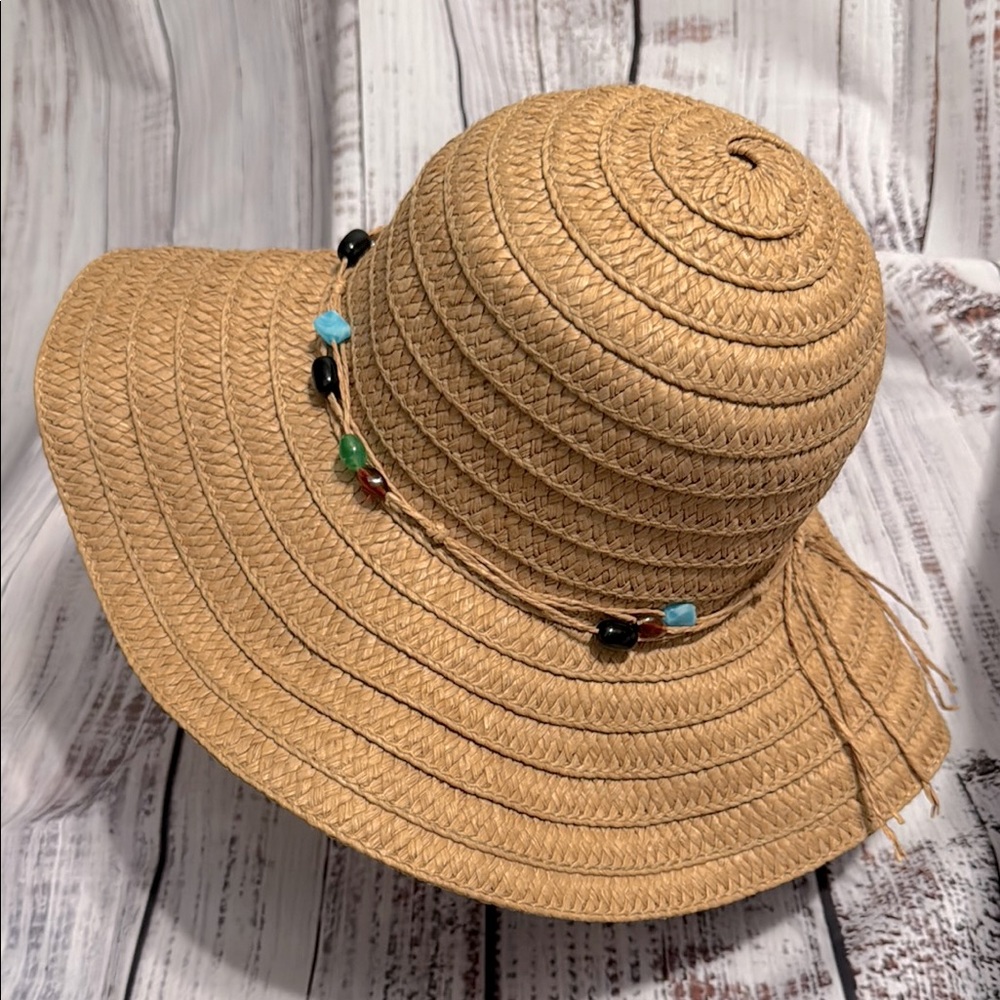 Raffia Tan Floppy Sun Hat with Beaded‎ Accent